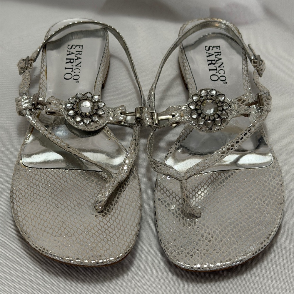 Franco Sarto Rhinestone T Strap Sandals Silver Snake Embossed Leather Glam Sz 7M